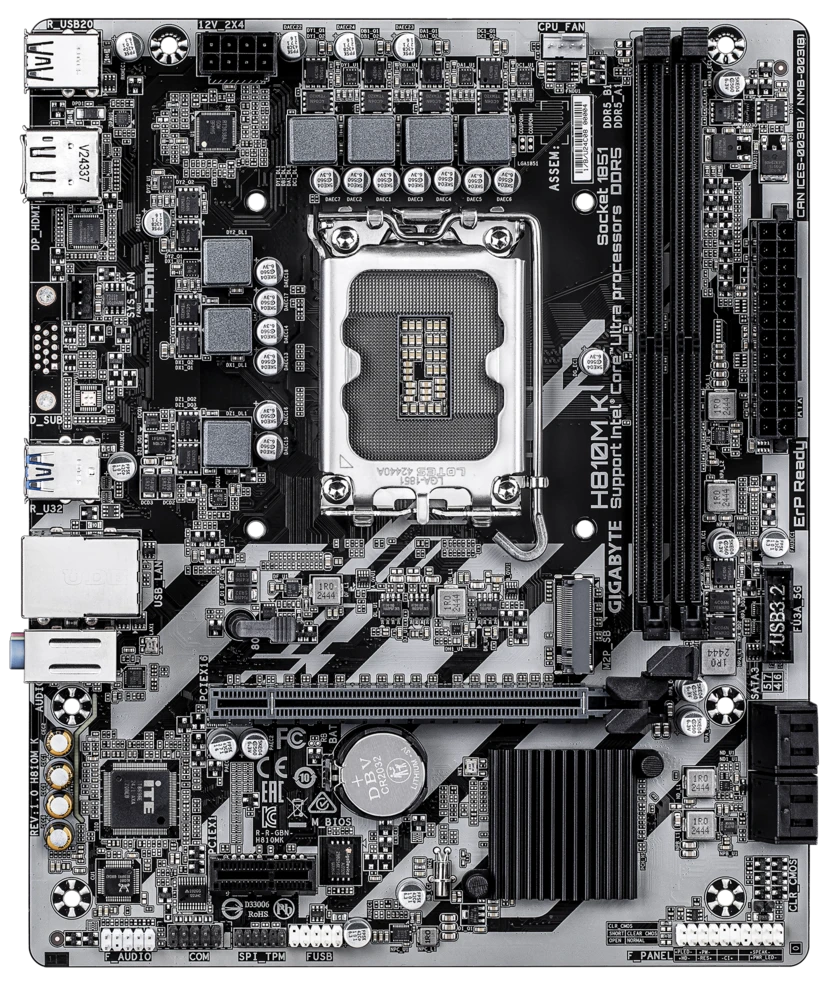 Материнская плата Gigabyte H810M K, LGA1851, Intel H810, 2xDDR5, 4xSATA, 1xM.2, 1xPCIe 4.0 x16, 1xPCIe 3.0 x1, 1xDP, 1xHDMI, 1x1Gb LAN, 2xUSB-A 5Gbps, 4xUSB-A 2.0, 3x3.5 мм, 7.1, mATX