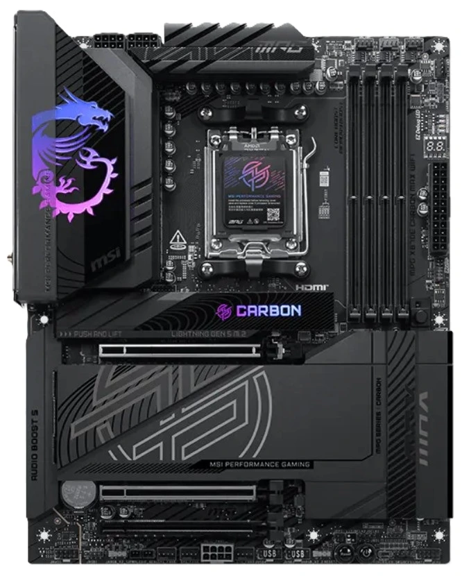 Материнская плата MSI MPG X870E CARBON MAX WIFI, AM5, AMD X870E, 4xDDR5, 4xSATA, 4xM.2, 3xPCIe 5.0 x16, HDMI, USB Type-C, 2x5Gb LAN, Wi-Fi 7, Bluetooth, 2x3.5 мм, 7.1, ATX