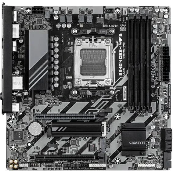 Материнская плата Gigabyte B840M DS3H WIFI6, AM5, AMD B840, 4xDDR5, 4xSATA, 2xM.2, 1xPCIe 4.0 x16, 1xPCIe 3.0 x4, 1xHDMI, 2xDP, 1x2.5Gb LAN, Wi-Fi 6, Bluetooth 5.3, 1xUSB-C 5Gbps, 2xUSB-A 5Gbps, 4xUSB-A 2.0, 3x3.5 мм, 7.1, mATX