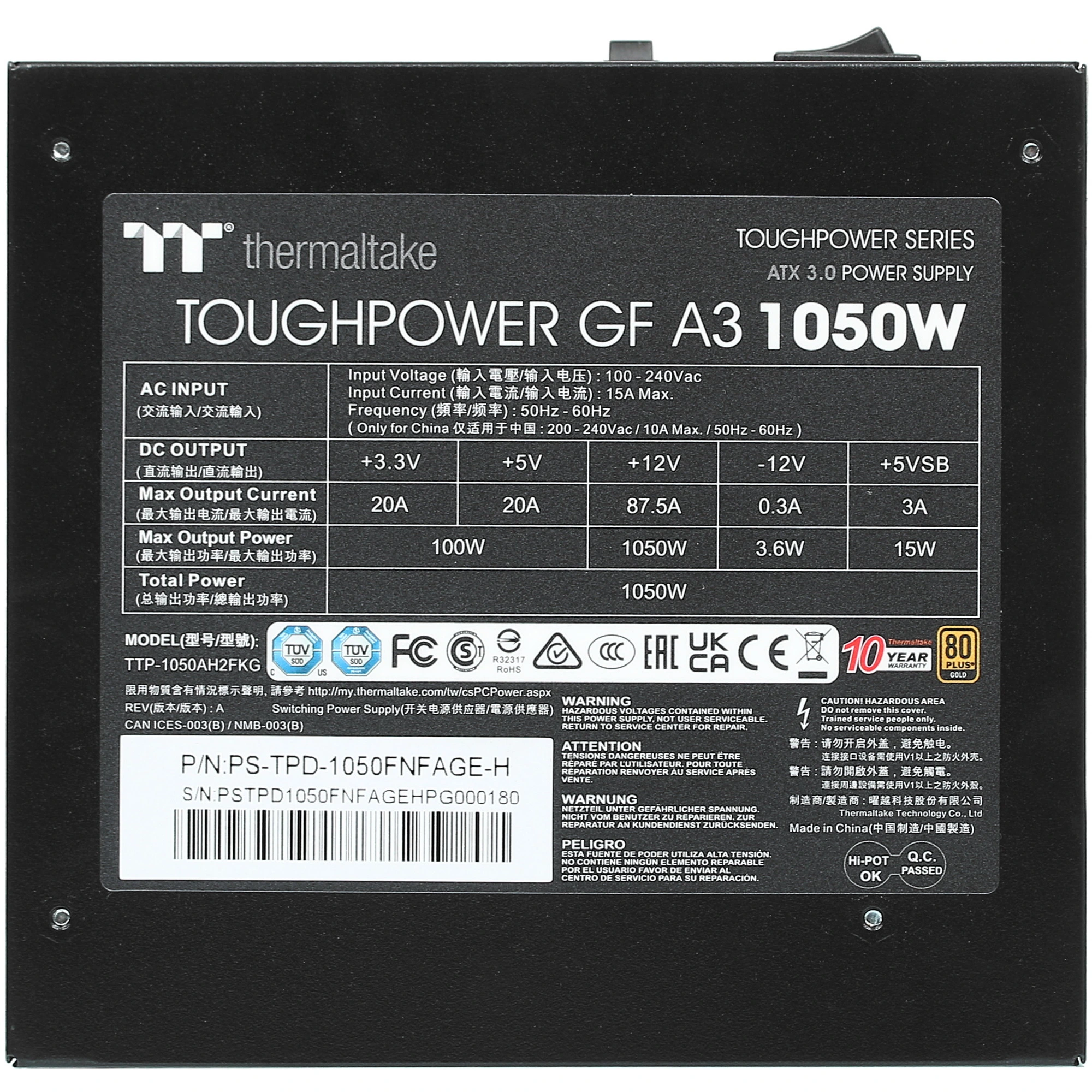 Блок питания Thermaltake Toughpower GF A3 1050W, 1050Вт, 80+ Gold, 120мм, модульный, черный, вид 5