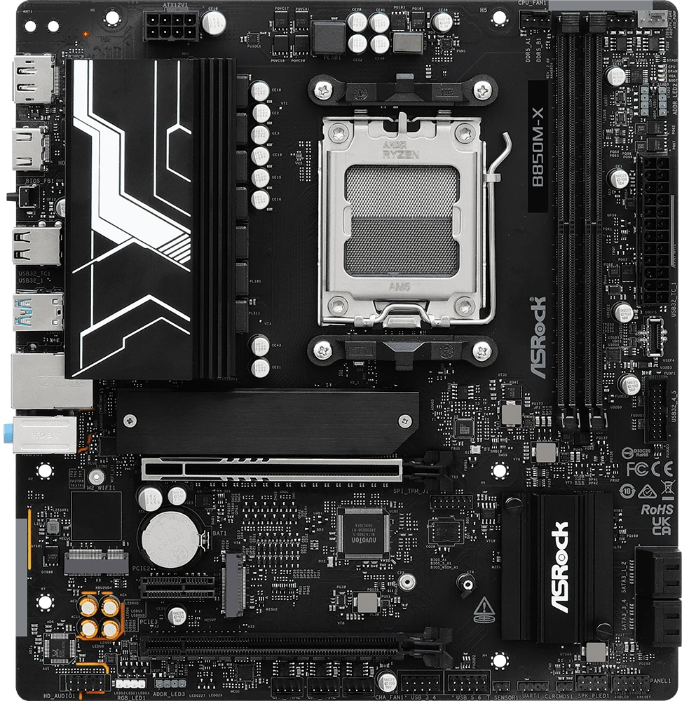 Материнская плата ASROCK B850M-X R2.0, AM5, AMD B850, 2xDDR5, 4xSATA, 2xM.2, 1xPCIe 5.0 x16, 1xPCIe 4.0 x4, 1xPCIe 3.0 x1, 1xDP, 1xHDMI, 1x2.5Gb LAN, 1xUSB-C 5Gbps, 3xUSB-A 5Gbps, 2xUSB-A 2.0, 3x3.5 мм, 7.1, mATX, фото2