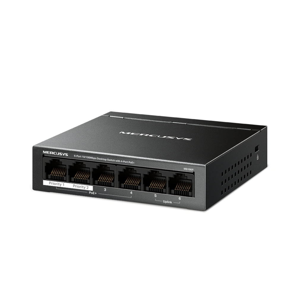 Коммутатор Mercusys MS106P, 4×100 Мбит/с PoE + 2×100 Мбит/с, неуправляемый