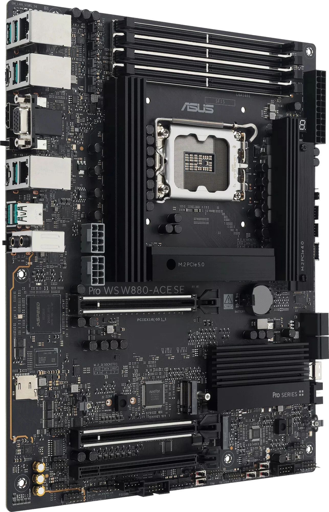 Материнская плата ASUS PRO WS W880-ACE SE, LGA1851, Intel W880, 4xDDR5, 4xSATA, 4xM.2, 1xPCIe 5.0 x16, 1xPCIe 5.0 x8, 1xPCIe 4.0 x16, 1xHDMI, 1xVGA, 3x2.5Gb LAN, 1xThunderbolt 4, 1xUSB-C 20Gbps, 6xUSB-A 10Gbps, 2x3.5 мм, 7.1, ATX, фото2