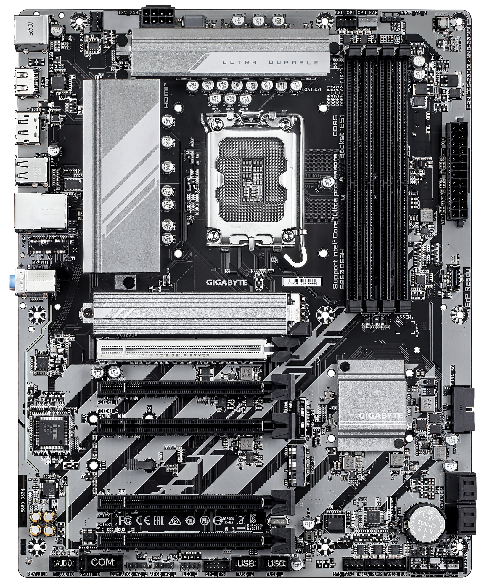 Материнская плата GIGABYTE B860 DS3H, LGA 1851, Intel B860, 4xDDR5, 4xSATA, 2xM.2, 1xPCIe 5.0 x16, DisplayPort, HDMI, 1x2.5Gb LAN, 3x3.5 мм, 7.1, ATX