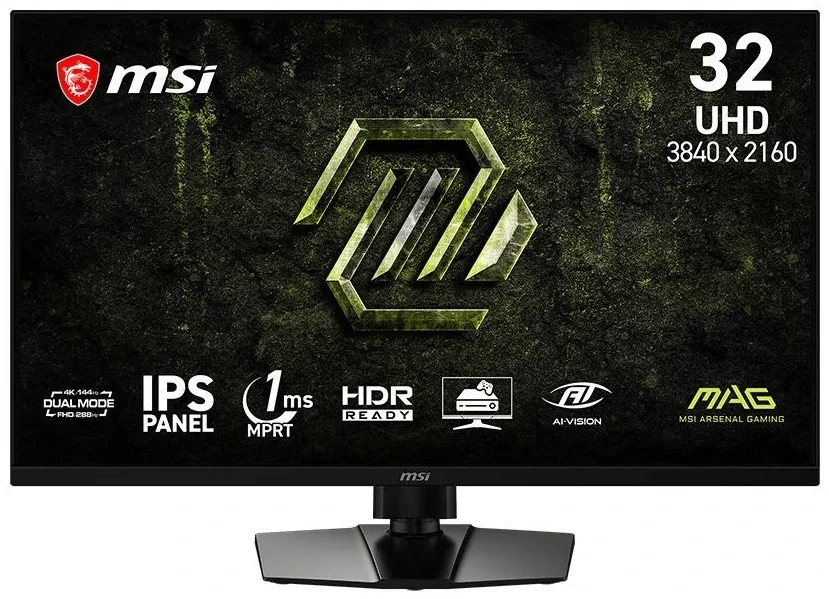 Монитор 31.5" MSI MAG 321UPD E14 IPS 3840x2160, 144 Гц, 1 мс (MPRT), 16:9, 300 кд/м², HDMI 2.1 (x2), DisplayPort 1.4a, выход на наушники, Flicker Free, Adaptive-Sync, PIP, Dual Mode, регулировка по высоте, поворотная подставка, портретный режим, черный