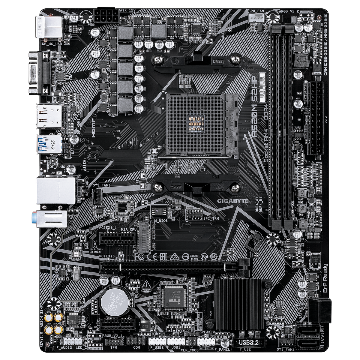 Материнская плата GIGABYTE A520M S2HP, AM4, AMD A520, 2xDDR4, 4xSATA, 1xM.2, 1xPCIe 3.0 x16, DisplayPort, HDMI, D-Sub, 1x1Gb LAN, 3x3.5 мм, 7.1, microATX