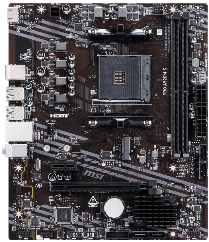 Материнская плата MSI PRO A520M-S, AM4, AMD A520, 2xDDR4, 4xSATA, 1xM.2, 1xPCIe 3.0 x16, HDMI, 1x1Gb LAN, 3x3.5 мм, 7.1, microATX