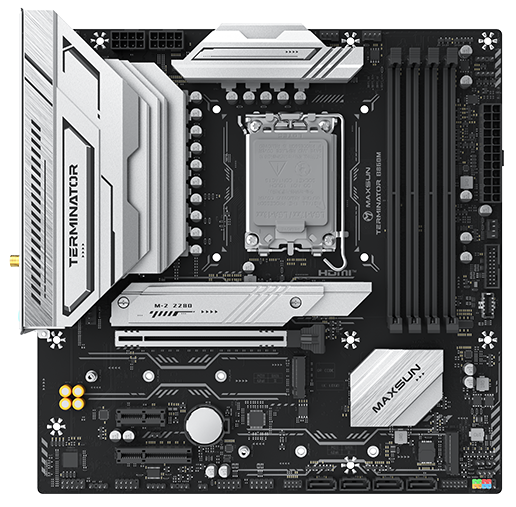 Материнская плата MAXSUN Terminator B860M WIFI, LGA 1851, Intel B860, 4xDDR5, 4xSATA, 3xM.2, 1xPCIe 5.0 x16, DisplayPort, HDMI, USB Type-C, 1x2.5Gb LAN, Wi-Fi 6, Bluetooth, 3x3.5 мм, 5.1, microATX
