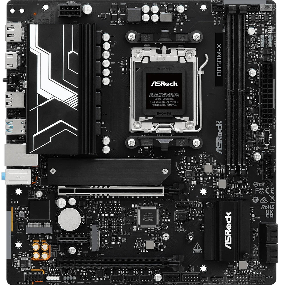 Материнская плата ASROCK B850M-X R2.0, AM5, AMD B850, 2xDDR5, 4xSATA, 2xM.2, 1xPCIe 5.0 x16, 1xPCIe 4.0 x4, 1xPCIe 3.0 x1, 1xDP, 1xHDMI, 1x2.5Gb LAN, 1xUSB-C 5Gbps, 3xUSB-A 5Gbps, 2xUSB-A 2.0, 3x3.5 мм, 7.1, mATX