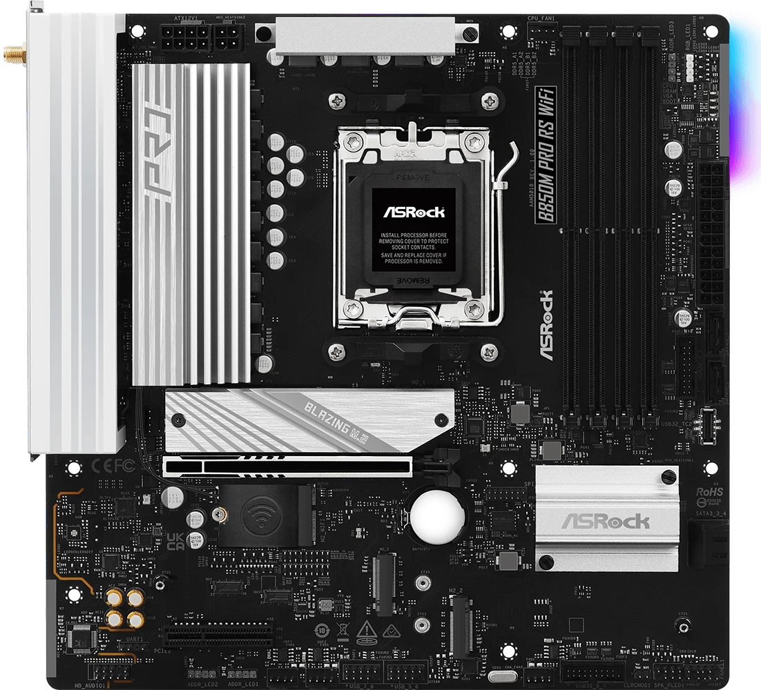 Материнская плата ASRock B850M PRO RS WIFI, AM5, AMD B850, 4xDDR5, 4xSATA, 3xM.2, 1xPCIe 5.0 x16, 1xPCIe 3.0 x4, 1xDP, 1xHDMI, 1x2.5Gb LAN, Wi-Fi 6E, Bluetooth 5.2, 1xUSB-C 10Gbps, 1xUSB-A 10Gbps, 2xUSB-A 5Gbps, 4xUSB-A 2.0, 3x3.5 мм, 7.1, mATX, фото3