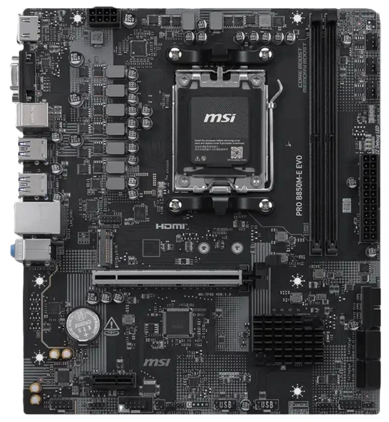 Материнская плата MSI PRO B850M-E EVO, AM5, AMD B850, 2xDDR5, 4xSATA, 1xM.2, 1xPCIe 5.0 x16, HDMI, VGA, 1x2.5Gb LAN, 3x3.5 мм, 7.1, microATX