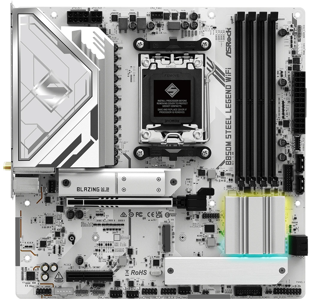 Материнская плата ASRock B850M Steel Legend WiFi, AM5, AMD B850, 4xDDR5, 4xSATA, 3xM.2, 1xPCIe 5.0 x16, 1xPCIe 3.0 x4, 1xDP, 1xHDMI, 1x2.5Gb LAN, Wi-Fi 7, Bluetooth 5.4, 1xUSB-C 10Gbps, 1xUSB-A 10Gbps, 2xUSB-A 5Gbps, 4xUSB-A 2.0, 3x3.5 мм, 7.1, mATX