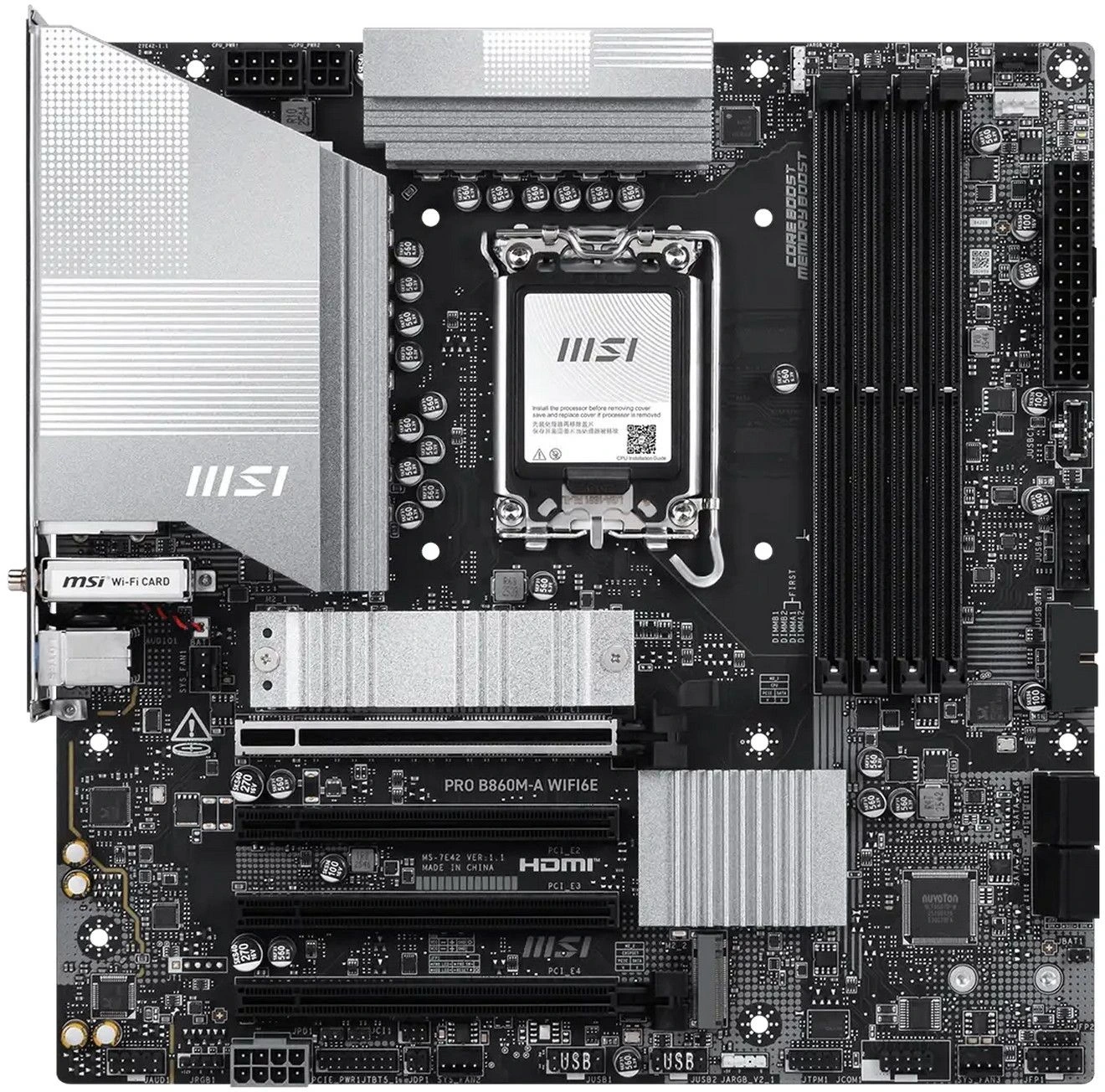 Материнская плата MSI PRO B860M-A WIFI6E, LGA 1851, Intel B860, 4xDDR5, 4xSATA, 3xM.2, 1xPCIe 5.0 x16, DisplayPort, HDMI, USB Type-C, 1x5Gb LAN, Wi-Fi 6E, Bluetooth, 3x3.5 мм, 7.1, microATX