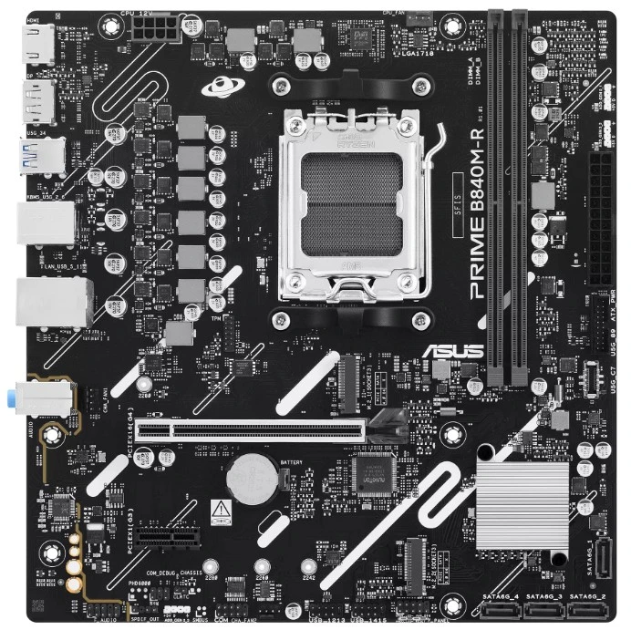 Материнская плата ASUS PRIME B840M-R, AM5, AMD B840, 2xDDR5, 4xSATA, 2xM.2, 1xPCIe 4.0 x16, DisplayPort, HDMI, 1x1Gb LAN, 3x3.5 мм, 7.1, microATX