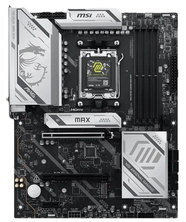 Материнская плата MSI MAG X870E GAMING MAX WIFI, AM5, AMD X870E, 4xDDR5, 4xSATA, 3xM.2, 1xPCIe 5.0 x16, HDMI, USB Type-C, 1x5Gb LAN, Wi-Fi 7, Bluetooth, 3x3.5 мм, 7.1, ATX