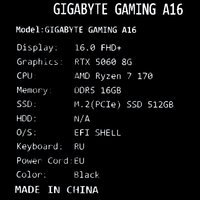 16" Ноутбук Gigabyte Gaming A16 GA65H черный
