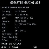 18" Ноутбук Gigabyte Gaming A18 GA83H черный