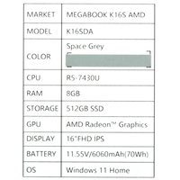16" Noutbuk Tecno Megabook K16S kulrang