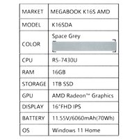 16" Noutbuk Tecno Megabook K16S kulrang