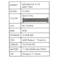 15.6" Ноутбук Tecno Megabook K15SFA серый