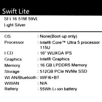 16" Ноутбук Acer Swift Lite SFL16-51M-59VL серебристый