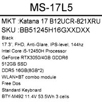 17.3" Ноутбук MSI Katana GF76 B12UCR-821XRU черный