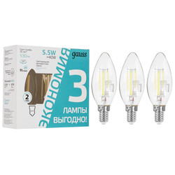 Изображение товара Комплект светодиодных ламп Gauss Basic Filament Свеча 5.5W 530lm 4100К Е14 LED
