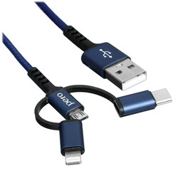 Изображение товара Кабель круглый PERO Lightning 8-pin, micro USB, USB Type-C - USB 2.0 Type-A синий 2 м