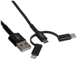 Изображение товара Кабель круглый PERO Lightning 8-pin, micro USB, USB Type-C - USB 2.0 Type-A черный 2 м