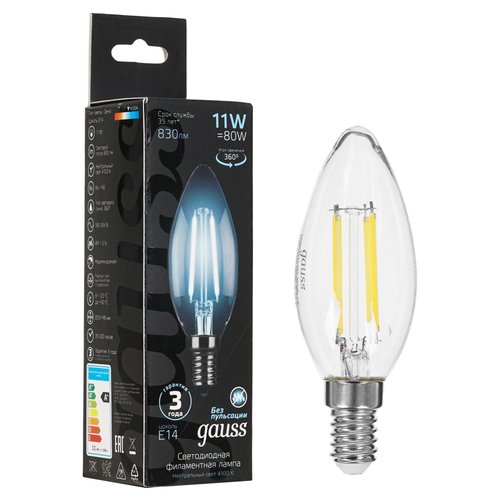 Лампа филаментная Gauss Filament Свеча 11W 830lm 4100К Е14 LED 1/10/50