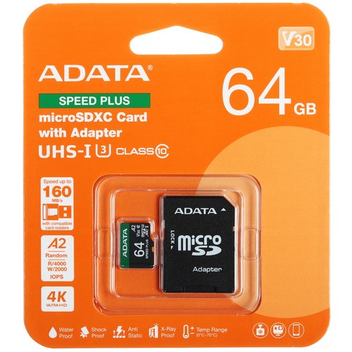 Карта памяти Adata SPEED PLUS microSDXC 64 ГБ [UD64GUI3V30A2SP-RA1]