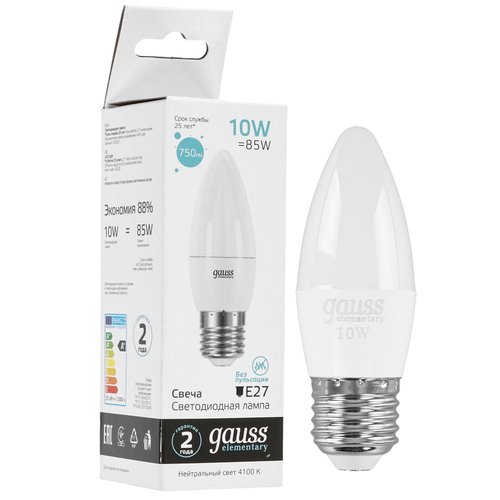 Лампа светодиодная Gauss Elementary Свеча 10W 750lm 4100K E27 LED 1/10/100
