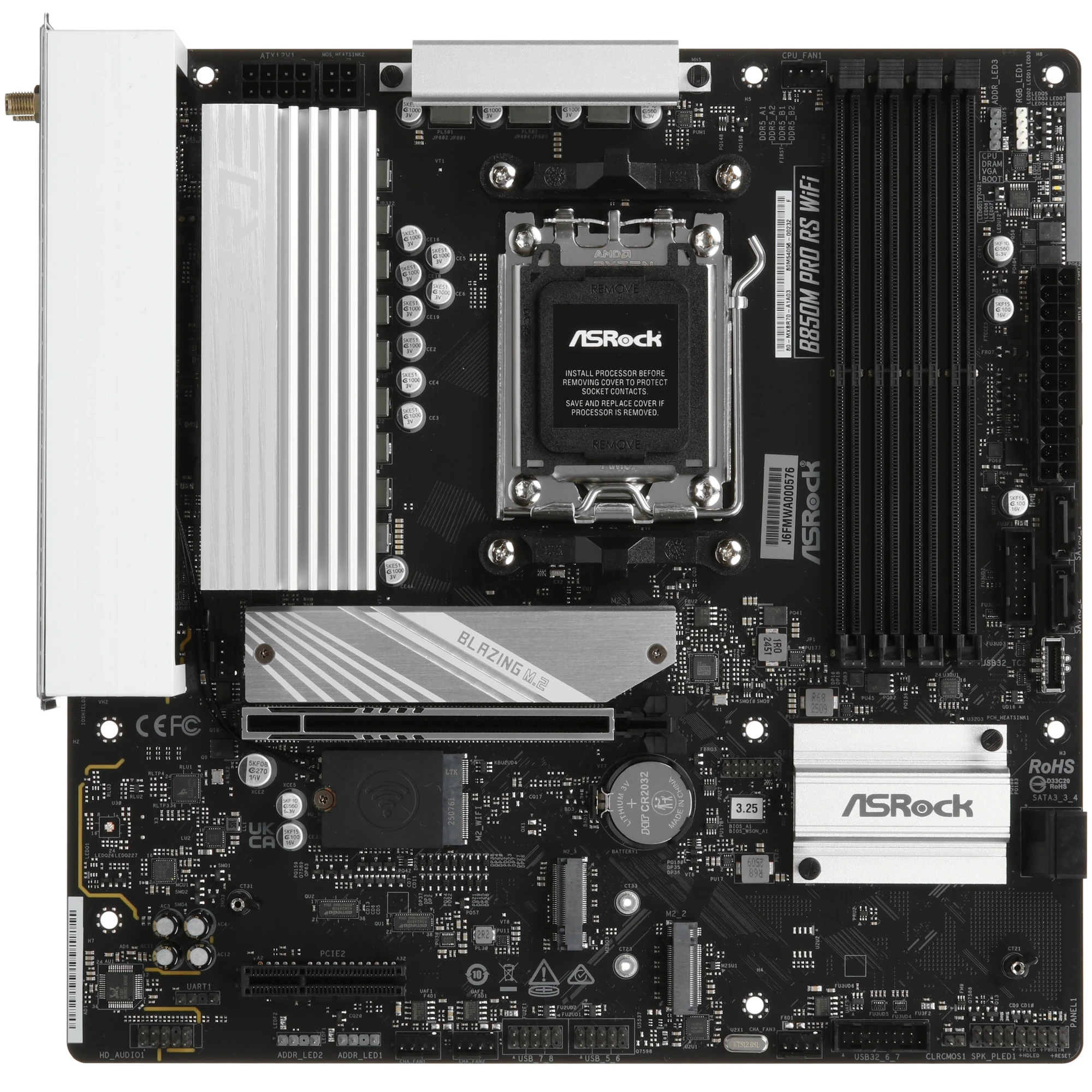 Материнская плата ASRock B850M PRO RS WIFI, AM5, AMD B850, 4xDDR5, 4xSATA, 3xM.2, 1xPCIe 5.0 x16, 1xPCIe 3.0 x4, 1xDP, 1xHDMI, 1x2.5Gb LAN, Wi-Fi 6E, Bluetooth 5.2, 1xUSB-C 10Gbps, 1xUSB-A 10Gbps, 2xUSB-A 5Gbps, 4xUSB-A 2.0, 3x3.5 мм, 7.1, mATX