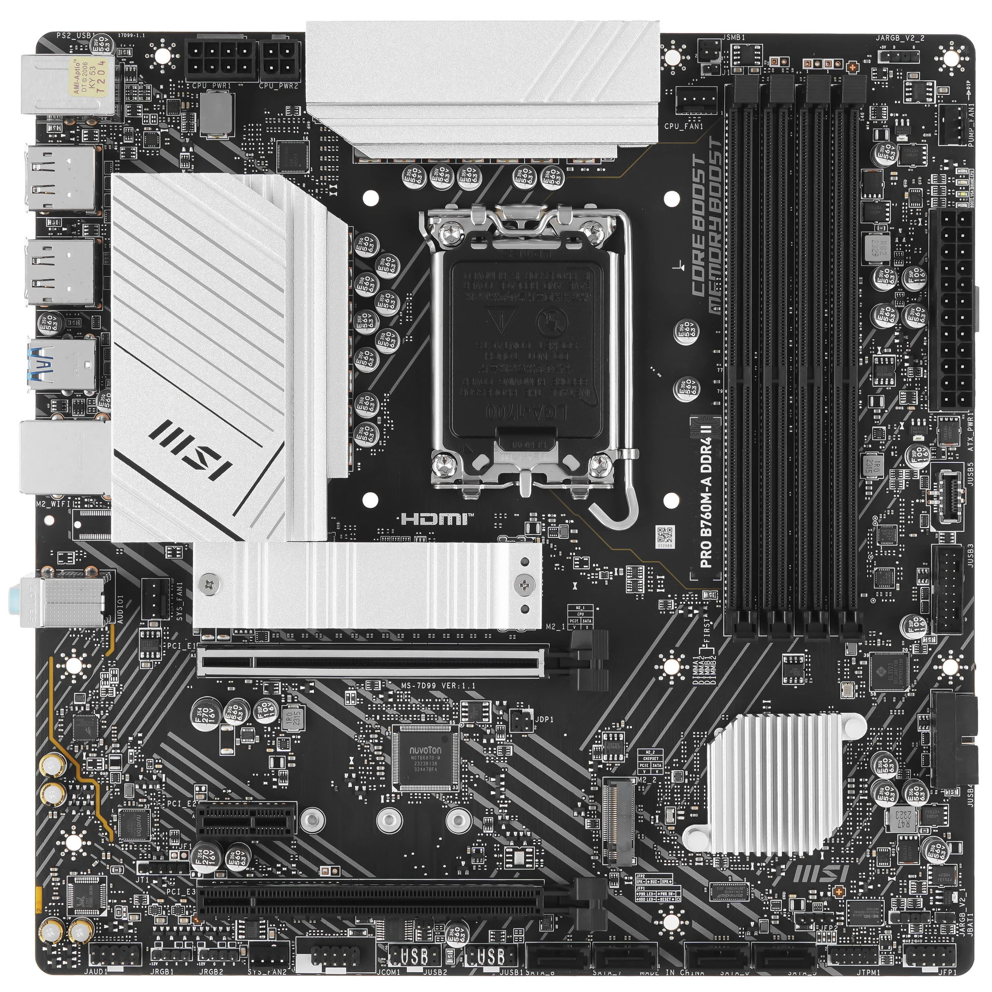 Материнская плата MSI PRO B760M-A DDR4 II, LGA1700, Intel B760, 4xDDR4, 4xSATA, 2xM.2, 1xPCIe 4.0 x16, 1xPCIe 4.0 x4, 1xPCIe 3.0 x1, 2xDP, 2xHDMI, 1x2.5Gb LAN, 2xUSB-A 10Gbps, 2xUSB-A 5Gbps, 2xUSB-A 2.0, 3x3.5 мм, 7.1, mATX