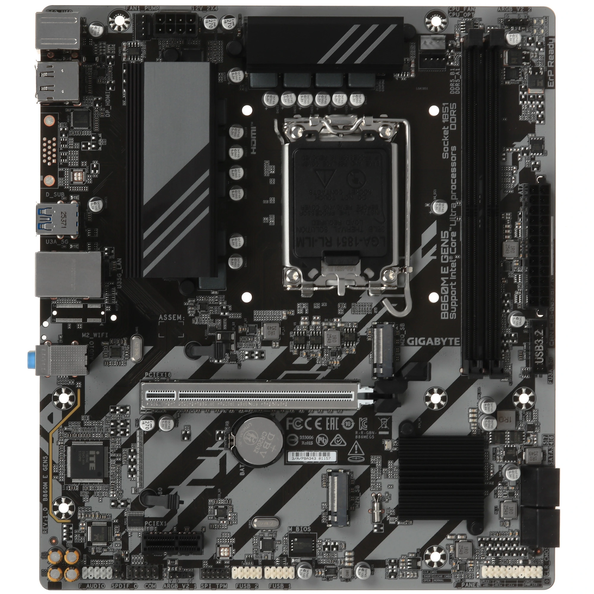 Материнская плата GIGABYTE B860M E GEN5, LGA 1851, Intel B860, 2xDDR5, 4xSATA, 2xM.2, 1xPCIe 5.0 x16, DisplayPort, HDMI, 1x1Gb LAN, 3x3.5 мм, 7.1, microATX