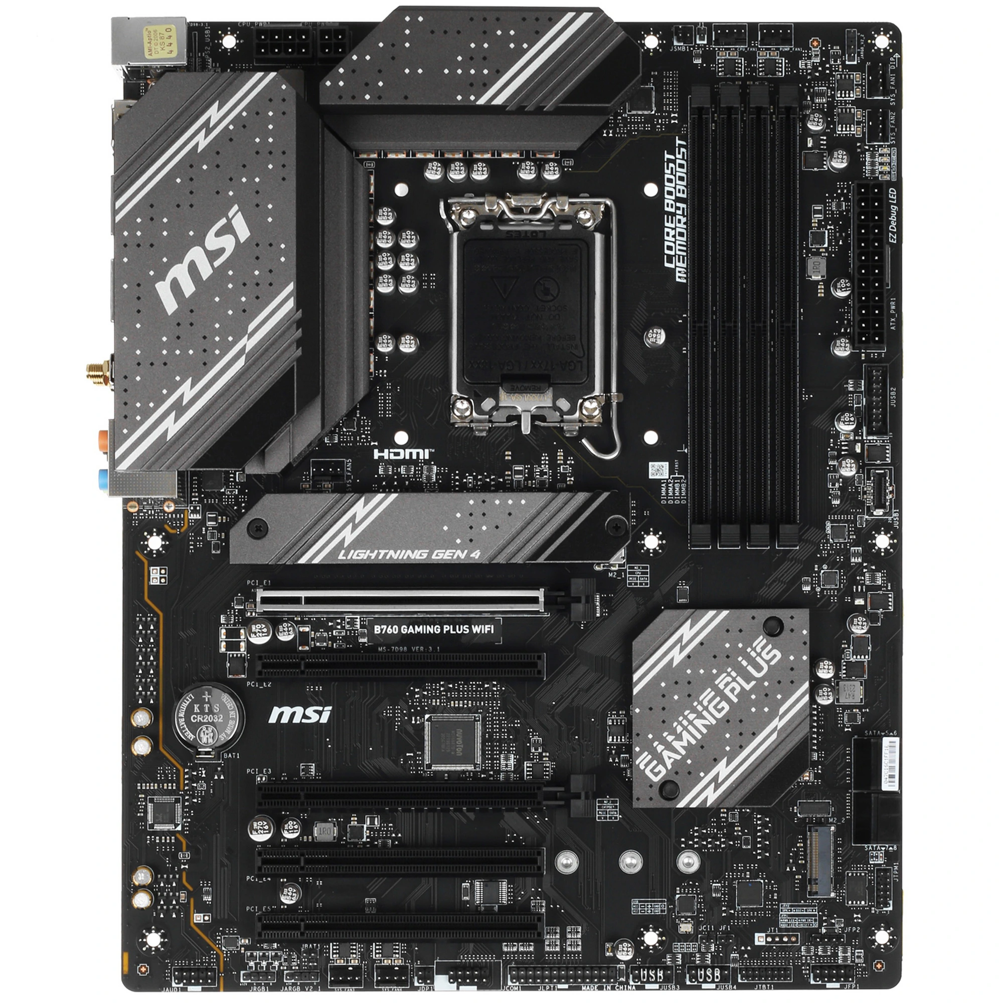 Материнская плата MSI B760 GAMING PLUS WIFI, LGA1700, Intel B760, 4xDDR5, 4xSATA, 2xM.2, 2xPCIe x16, DisplayPort, HDMI, 1x2.5Gb LAN, USB Type-C, 5x3.5 мм, 7.1, ATX