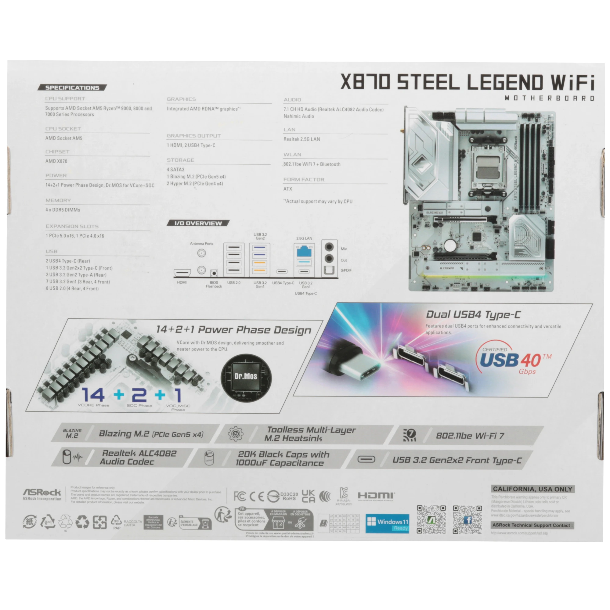 Материнская плата ASRock X870 STEEL LEGEND WIFI, AM5, AMD X870, 4xDDR5, 4xSATA, 3xM.2, 1xPCIe 5.0 x16, 1xPCIe 5.0 x4, 1xHDMI, 1x2.5Gb LAN, Wi-Fi 7, Bluetooth 5.4, 2xUSB-C 40Gbps, 2xUSB-A 10Gbps, 3xUSB-A 5Gbps, 4xUSB-A 2.0, 1xTOSLINK, 2x3.5 мм, 7.1, ATX, фото14