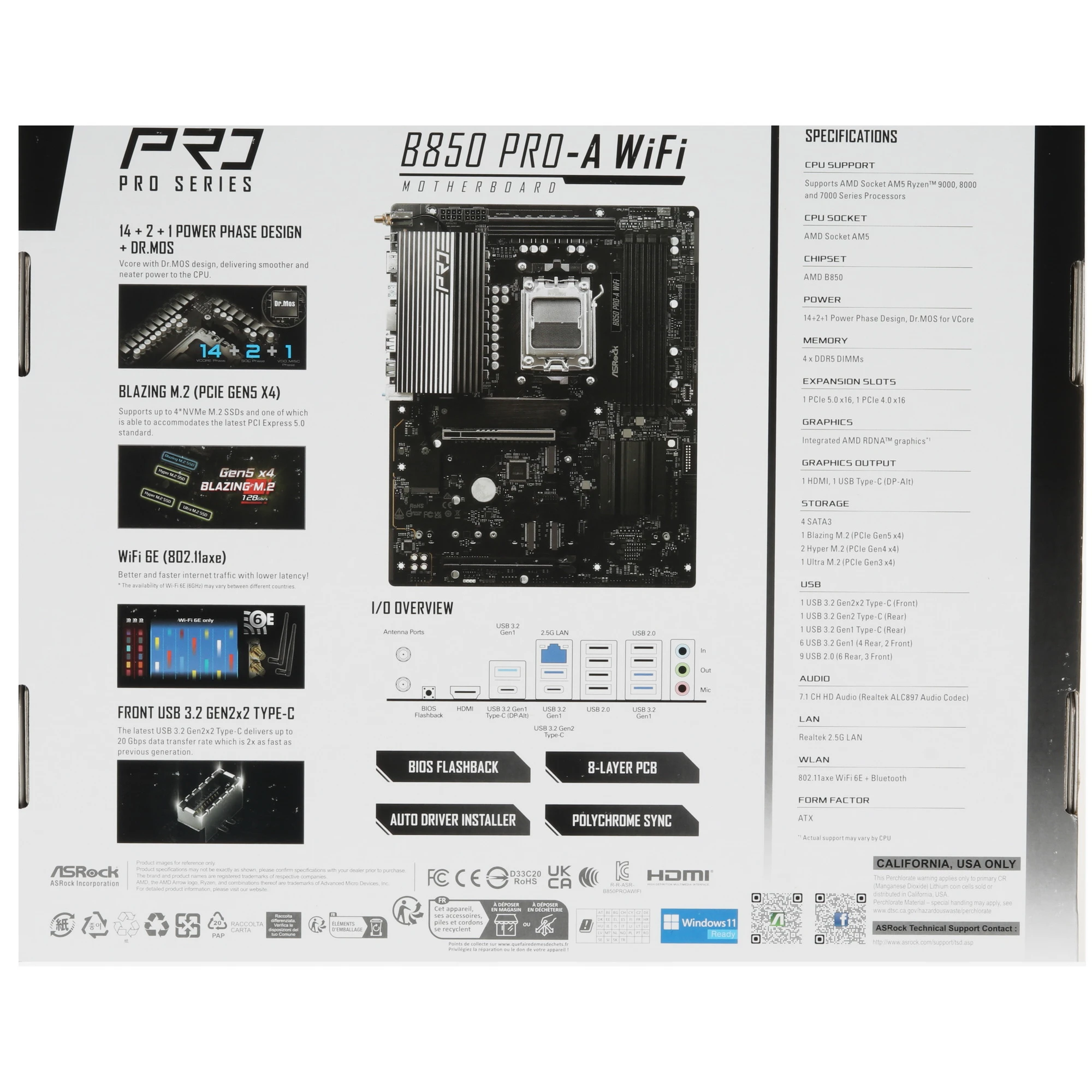 Материнская плата ASRock B850 PRO-A WIFI, AM5, AMD B850, 4xDDR5, 4xSATA, 4xM.2, 1xPCIe 5.0 x16, 1xPCIe 4.0 x4, 1xHDMI, 1xUSB-C, 1x2.5Gb LAN, Wi-Fi 6E, Bluetooth 5.2, 1xUSB-C 10Gbps, 1xUSB-C 5Gbps, 4xUSB-A 5Gbps, 6xUSB-A 2.0, 3x3.5 мм, 7.1, ATX, фото8