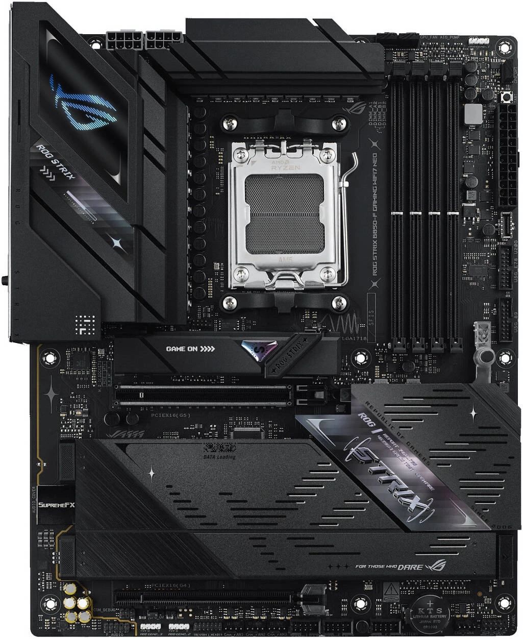 Материнская плата ASUS ROG STRIX B850-F GAMING WIFI7 NEO, AM5, AMD B850, 4xDDR5, 4xSATA, 4xM.2, 1xPCIe 5.0 x16, 1xPCIe 4.0 x16, 1xPCIe 4.0 x4, DisplayPort, HDMI, 1x2.5Gb LAN, USB Type-C, 3x3.5 мм, 7.1, ATX