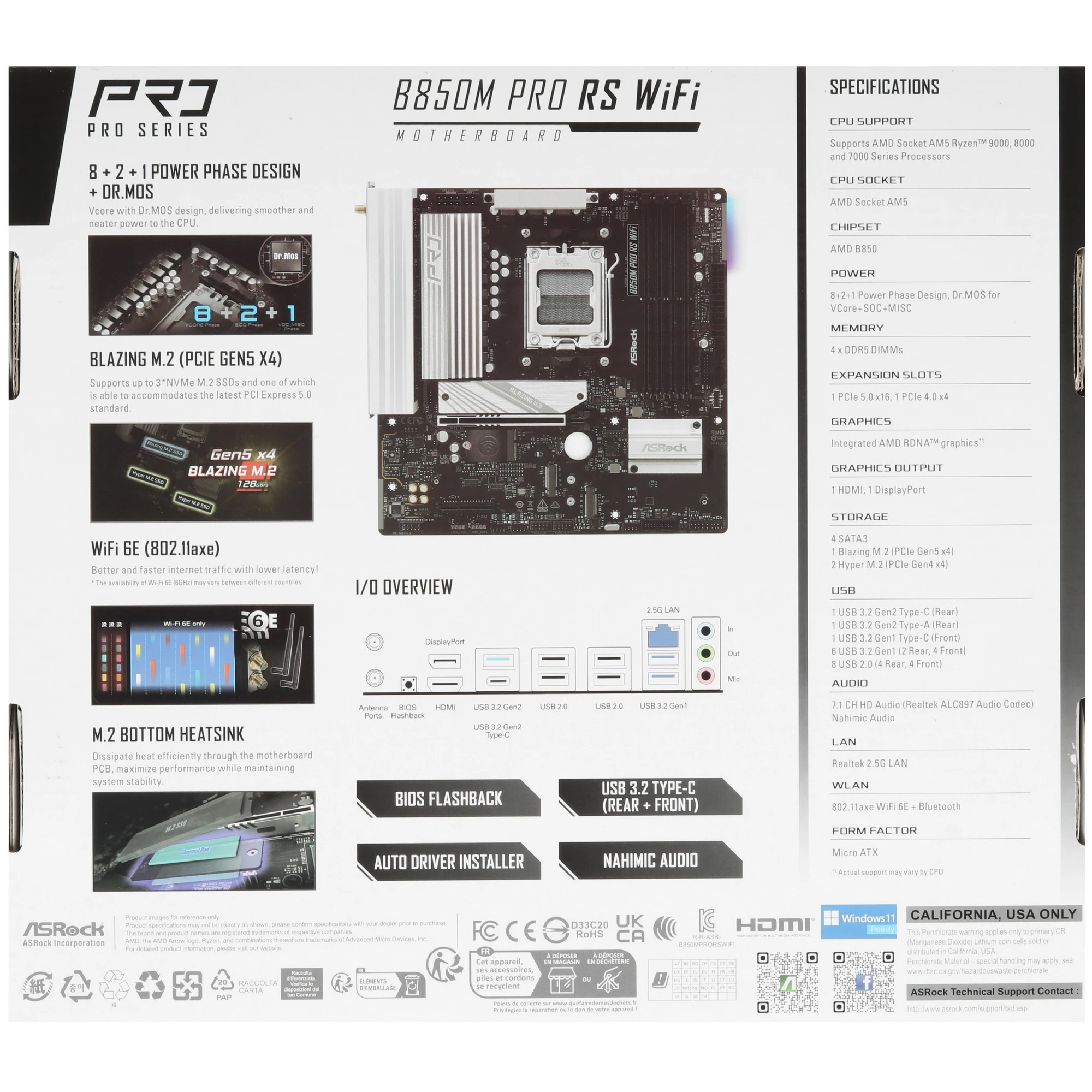 Материнская плата ASRock B850M PRO RS WIFI, AM5, AMD B850, 4xDDR5, 4xSATA, 3xM.2, 1xPCIe 5.0 x16, 1xPCIe 3.0 x4, 1xDP, 1xHDMI, 1x2.5Gb LAN, Wi-Fi 6E, Bluetooth 5.2, 1xUSB-C 10Gbps, 1xUSB-A 10Gbps, 2xUSB-A 5Gbps, 4xUSB-A 2.0, 3x3.5 мм, 7.1, mATX, фото8