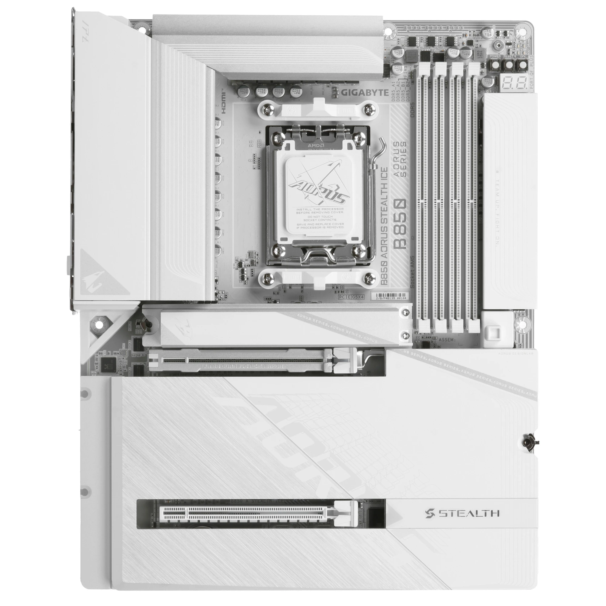 Материнская плата Gigabyte B850 AORUS STEALTH ICE, AM5, AMD B850, 4xDDR5, 2xSATA, 4xM.2, 1xPCIe 5.0 x16, 1xPCIe 4.0 x4, 1xHDMI, 1x5Gb LAN, Wi-Fi 7, Bluetooth 5.4, 1xUSB-C 10Gbps, 2xUSB-A 10Gbps, 4xUSB-A 5Gbps, 4xUSB-A 2.0, 2x3.5 мм, 7.1, ATX
