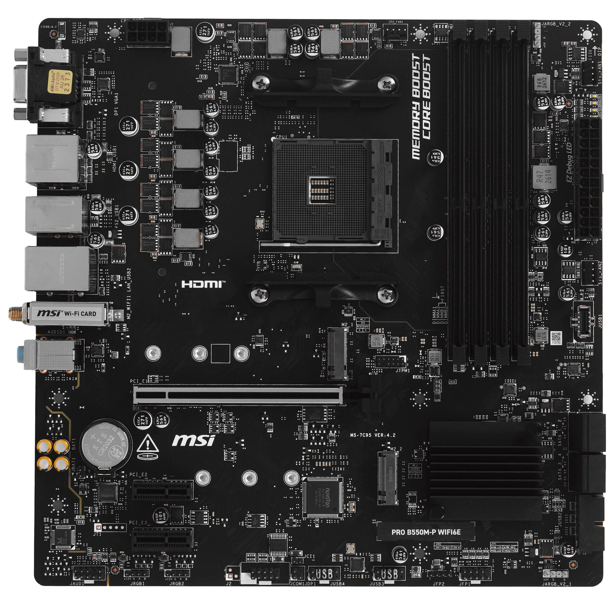 Материнская плата MSI PRO B550M-P WIFI6E, AM4, AMD B550, 4xDDR4, 4xSATA, 2xM.2, 1xPCIe 4.0 x16, DisplayPort, HDMI, VGA, 1x1Gb LAN, Wi-Fi 6E, Bluetooth, 3x3.5 мм, 7.1, microATX