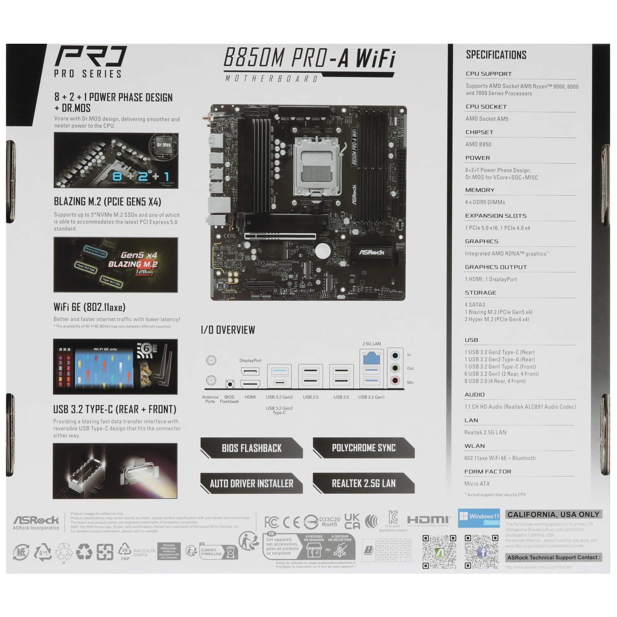 Материнская плата ASRock B850M PRO-A WIFI, AM5, AMD B850, 4xDDR5, 4xSATA, 3xM.2, 1xPCIe 5.0 x16, 1xPCIe 3.0 x4, 1xDP, 1xHDMI, 1x2.5Gb LAN, Wi-Fi 6E, Bluetooth 5.2, 1xUSB-C 10Gbps, 1xUSB-A 10Gbps, 2xUSB-A 5Gbps, 4xUSB-A 2.0, 3x3.5 мм, 7.1, mATX, фото7