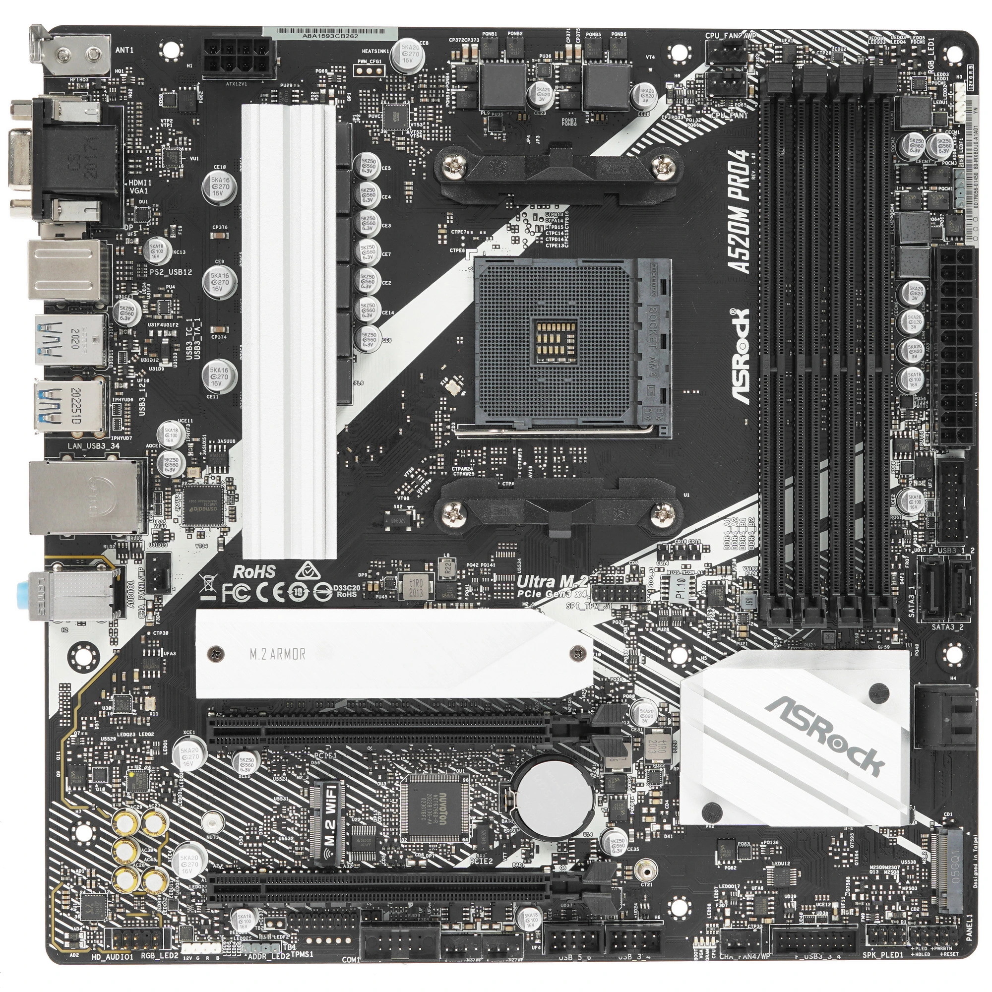 Материнская плата ASRock A520M Pro4, AM4, AMD A520, 4xDDR4, 4xSATA, 2xM.2, 1xPCIe 3.0 x16, DisplayPort, HDMI, D-Sub, 1x1Gb LAN, 3x3.5 мм, 7.1, microATX