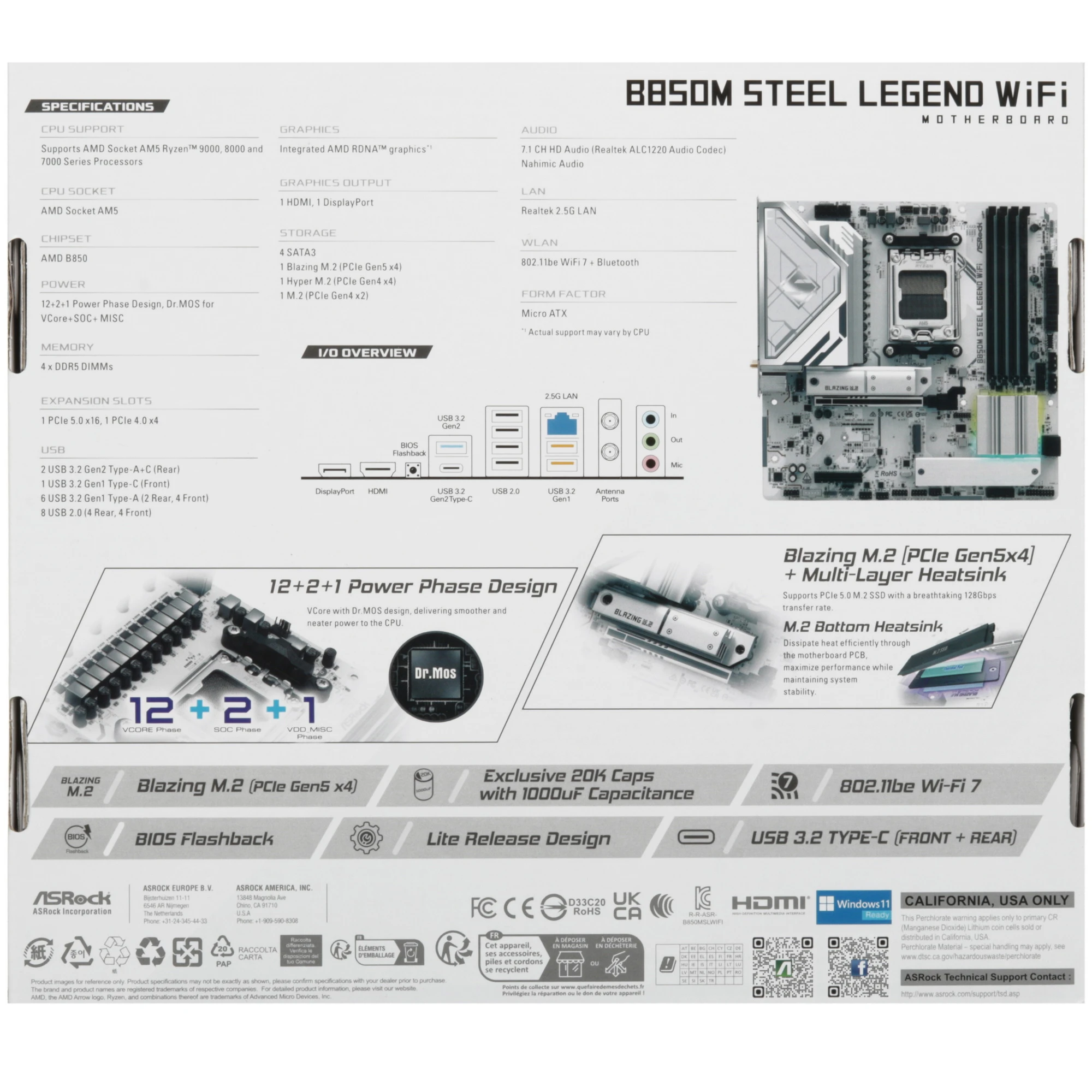 Материнская плата ASRock B850M Steel Legend WiFi, AM5, AMD B850, 4xDDR5, 4xSATA, 3xM.2, 1xPCIe 5.0 x16, 1xPCIe 3.0 x4, 1xDP, 1xHDMI, 1x2.5Gb LAN, Wi-Fi 7, Bluetooth 5.4, 1xUSB-C 10Gbps, 1xUSB-A 10Gbps, 2xUSB-A 5Gbps, 4xUSB-A 2.0, 3x3.5 мм, 7.1, mATX, фото8