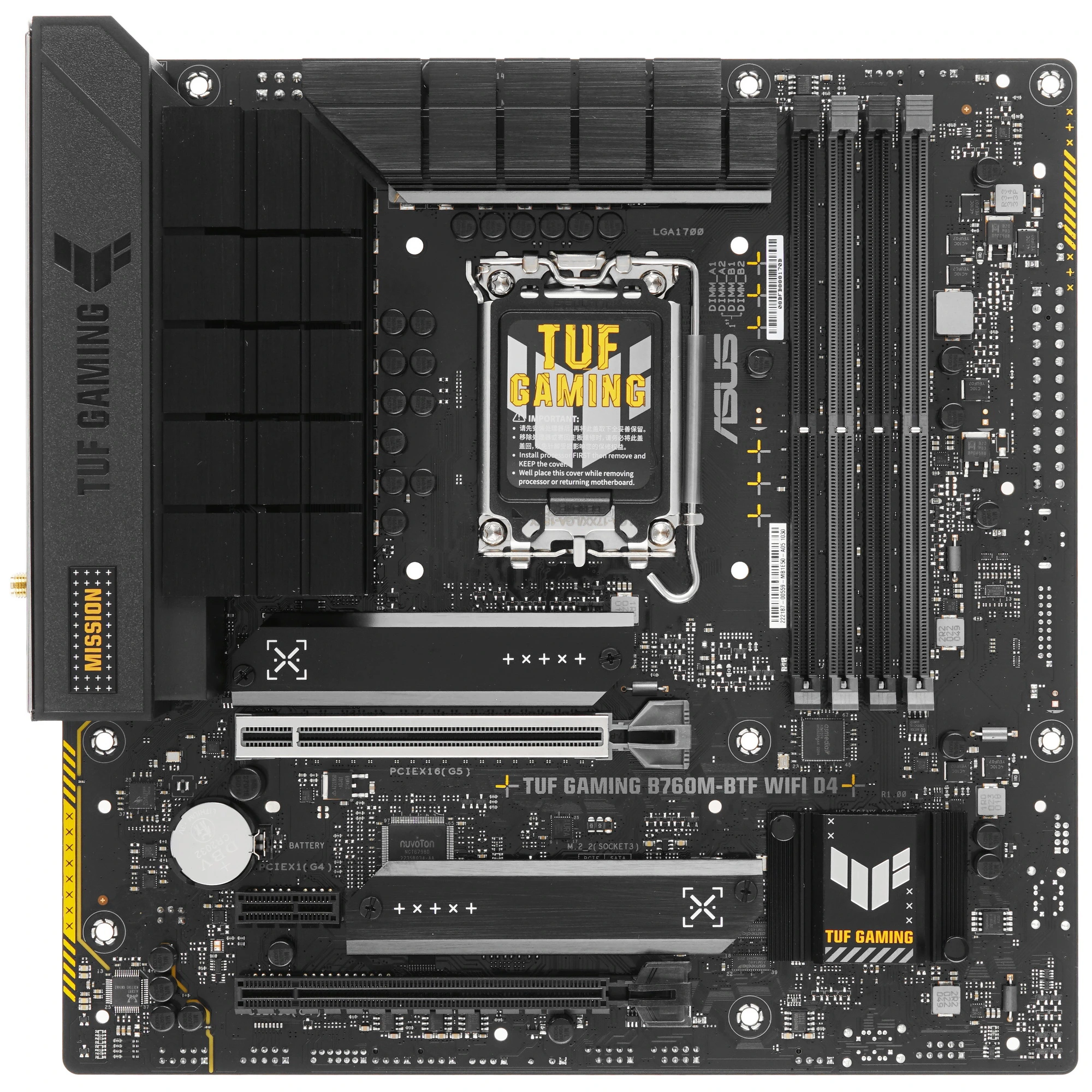 Материнская плата ASUS TUF GAMING B760M-BTF WIFI D4, LGA1700, Intel B760, 4xDDR4, 4xSATA, 3xM.2, 2xPCIe x16, 1xPCIe x1, DisplayPort, HDMI, 1x2.5Gb LAN, USB Type-C, 3x3.5 мм, 7.1, microATX