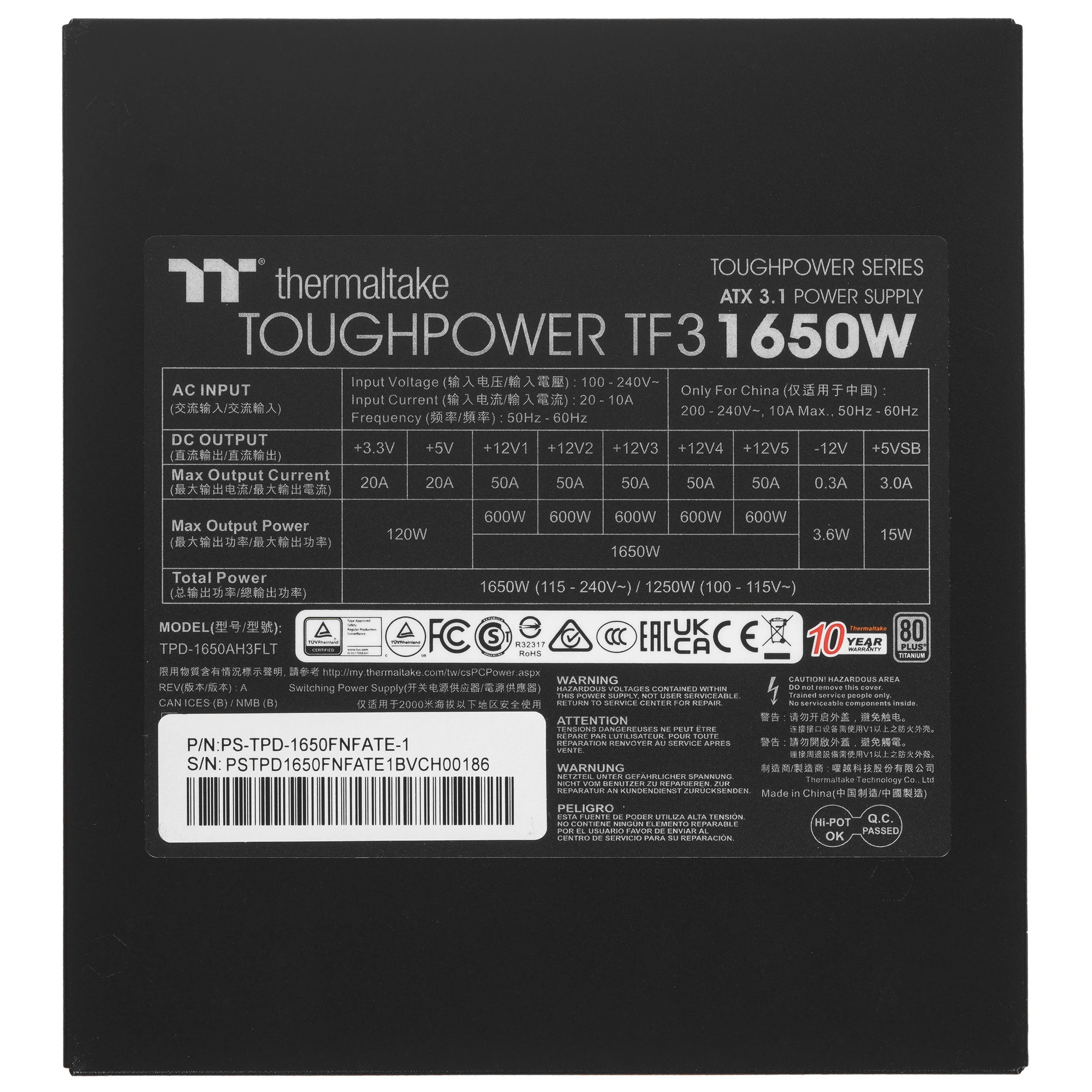 Блок питания Thermaltake Toughpower GF3 1650W Gen.5,, 1650Вт, 80+ Titanium, 140мм, модульный, черный, вид 4