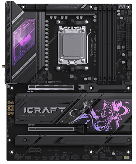 Материнская плата MAXSUN iCraft B850 AIGA, AM5, AMD B850, 4xDDR5, 2xSATA, 4xM.2, 2xPCIe 5.0 x16, DisplayPort, HDMI, USB Type-C, 1x5Gb LAN, Wi-Fi 7, Bluetooth, 5x3.5 мм, 7.1, ATX