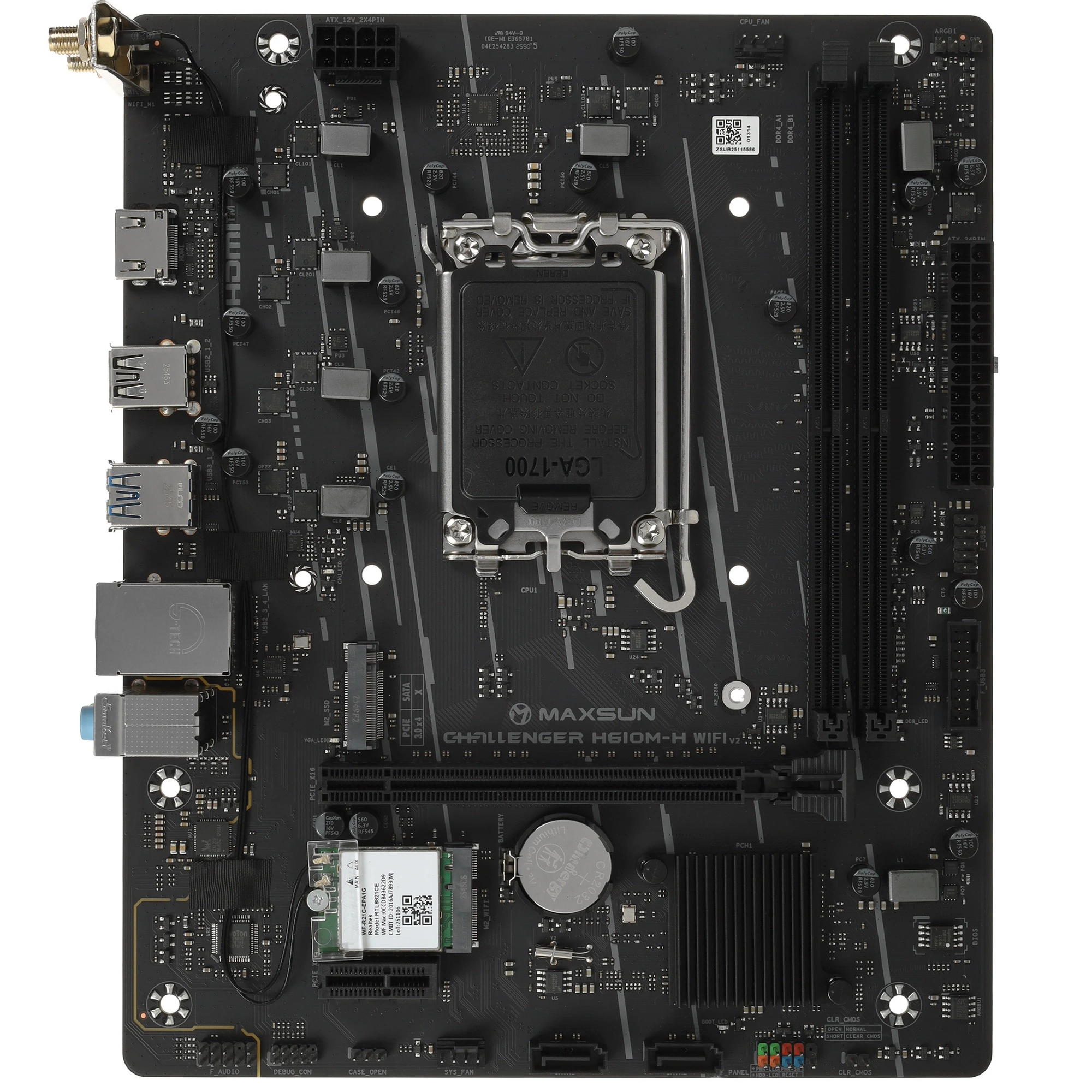 Материнская плата MAXSUN Challenger H610M-H V1 WIFI, LGA 1700, Intel H610, 2xDDR4, 2xSATA, 1xM.2, 1xPCIe 4.0 x16, HDMI, VGA, 1x1Gb LAN, Wi-Fi 5, Bluetooth, 3x3.5 мм, 5.1, microATX