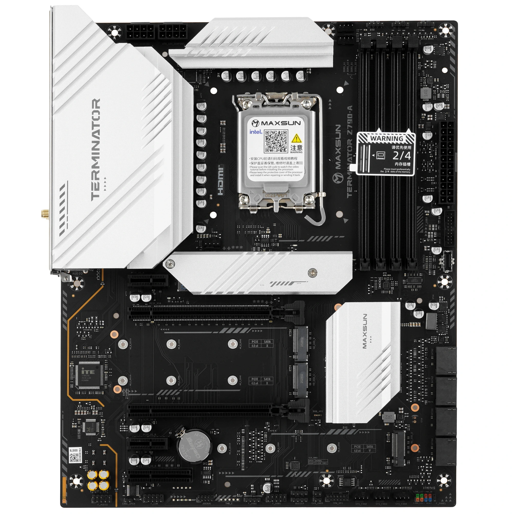 Материнская плата MAXSUN Terminator Z790-A WIFI, LGA 1700, Intel Z790, 4xDDR5, 4xSATA, 4xM.2, 1xPCIe 5.0 x16, DisplayPort, HDMI, 1x2.5Gb LAN, USB Type-C, Wi-Fi 6E, Bluetooth, 3x3.5 мм, 7.1, ATX